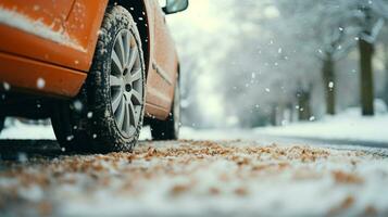 vintage carro em uma inverno estrada. fechar-se imagem ai gerado foto