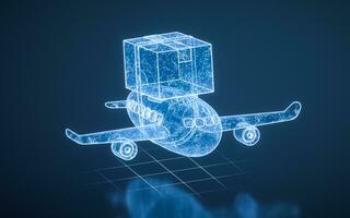 avião e carga com azul tecnologia estrutura, 3d Renderização. foto