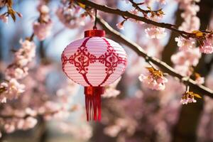 chinês lanternas suspensão em sakura árvore, ai gerado foto