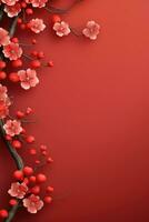 chinês Novo ano decorações com sakura flores em vermelho fundo. ai gerado foto