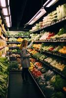 mulher dentro supermercado comprando mercearias comida, ai gerado foto