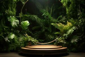 de madeira pódio dentro tropical floresta para produtos apresentação ai generativo foto
