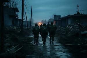 soldados andar através a ruínas do uma cidade causou de guerra ai generativo foto