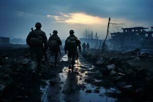 soldados andar através a ruínas do uma cidade causou de guerra ai generativo foto