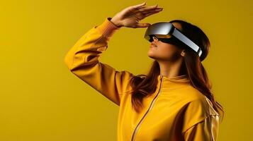 jovem mulher dentro uma amarelo macacão com virtual realidade óculos em uma amarelo background.ai gerado foto