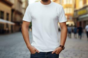 homem dentro branco em branco camiseta em pé em cidade rua. brincar camiseta.ai gerado foto