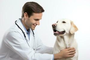 retrato do uma sorridente veterinário com uma labrador retriever cachorro.ai gerado foto
