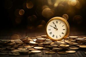 Tempo é dinheiro conceito. relógio e moedas em de madeira mesa.ai gerado foto