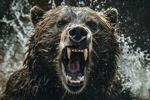 fechar-se retrato do uma Castanho Urso com aberto boca dentro água.ai gerado foto