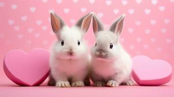 dois fofa pequeno branco coelhos em Rosa fundo com corações dia dos namorados dia concept.ai gerado foto