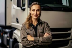 retrato do uma sorridente fêmea em pé com cruzado braços dentro frente do dela caminhão.ai gerado foto