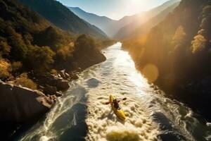 aéreo Visão do uma homem caiaque em uma montanha rio dentro a manhã, aéreo topo Visão extremo esporte caiaque velas montanha rio com Sol luz, ai gerado foto