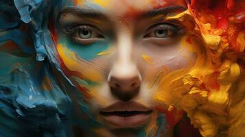 uma mulher face com colorida pintura em isto - ai generativo foto