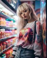 uma à moda menina vestindo streetwear dentro uma conveniência loja ai generativo foto