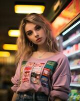 uma à moda menina vestindo streetwear dentro uma conveniência loja ai generativo foto