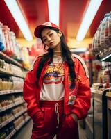 uma à moda menina vestindo streetwear dentro uma conveniência loja ai generativo foto