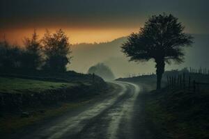 pôr do sol dentro a Inglês campo com uma enevoado estrada e árvores, a cedo manhã elevado tiro do uma sujeira estrada enrolamento através cheio escovar, ai gerado foto