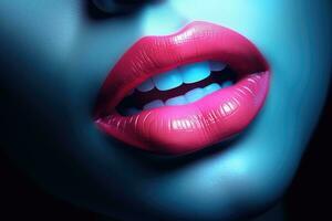 fechar acima tiro do lindo fêmea lábios com lustroso vermelho batom. Maquiagem conceito. lindo fêmea sexy lábios, ai gerado foto