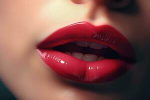 fechar acima tiro do lindo fêmea lábios com vermelho batom. Maquiagem conceito. lindo fêmea sexy lábios, ai gerado foto
