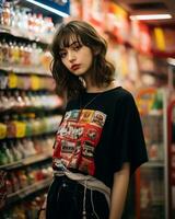 uma à moda menina vestindo streetwear dentro uma conveniência loja ai generativo foto