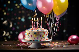 aniversário bolo com velas e balões em de madeira mesa contra borrado fundo, aniversário bolo com colorida balões, confete e confete em a mesa, ai gerado foto