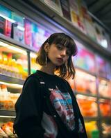 uma à moda menina vestindo streetwear dentro uma conveniência loja ai generativo foto