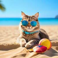 uma gato vestindo oculos de sol é sentado em a de praia ai gerar foto