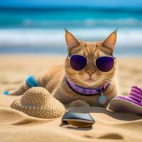 uma gato vestindo oculos de sol é sentado em a de praia ai gerar foto