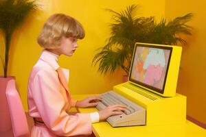 mulher usando vintage computador. generativo ai foto