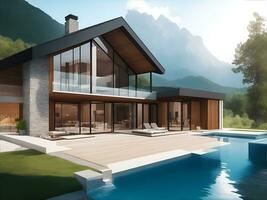 moderno casa com natação piscina, ai gerado foto