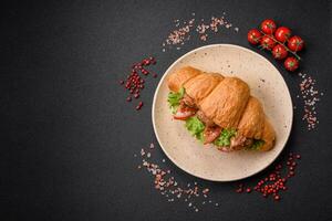 delicioso fresco crocantes croissant com frango ou carne carne, alface, tomates, especiarias e molho foto