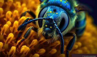 abelha encontro néctar em uma flor pistilo fechar acima. criando usando generativo ai Ferramentas foto
