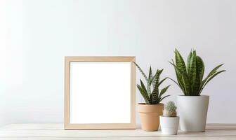 escandinavo estilo esvaziar de madeira foto quadro, Armação e em vaso plantar em branco mesa criando usando generativo ai Ferramentas