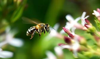 a abelha dardos através desfocado por movimento flores com relâmpago Rapidez e precisão. criando usando generativo ai Ferramentas foto