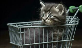 pequeno gatinho senta dentro uma compras carrinho foto