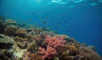 esplêndido embaixo da agua Visão do uma mergulhador explorando coral recife criando usando generativo ai Ferramentas foto