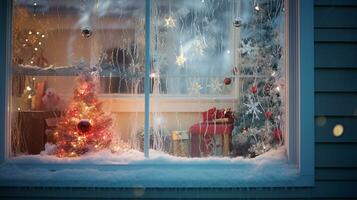 ai generativo inverno geada em vidro com pequeno decorações em ou atrás a janela foto