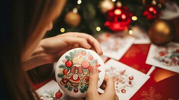 mulher segurando branco Natal enfeite com árvore e cartões dentro fundo foto