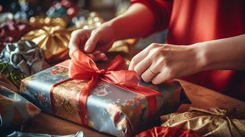 Natal presente invólucro com vermelho fita e ouro papel foto