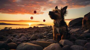 cachorro em a de praia às pôr do sol, ai gerado foto