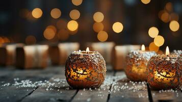 Natal árvore decoração bolas em a velho de madeira mesa, ai gerado foto