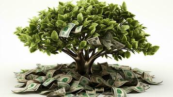 dinheiro árvore crescendo a partir de uma pilha do dinheiro, ai gerado foto
