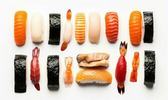 uma delicioso misturar do tradicional japonês Sushi e sashimi. criando usando generativo ai Ferramentas foto