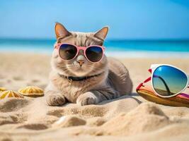 uma gato vestindo oculos de sol é sentado em a de praia ai gerar foto