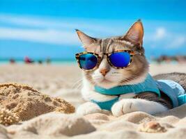 uma gato vestindo oculos de sol é sentado em a de praia ai gerar foto