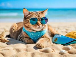 uma gato vestindo oculos de sol é sentado em a de praia ai gerar foto