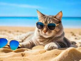 uma gato vestindo oculos de sol é sentado em a de praia ai gerar foto