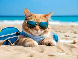 uma gato vestindo oculos de sol é sentado em a de praia ai gerar foto