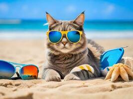 uma gato vestindo oculos de sol é sentado em a de praia ai gerar foto