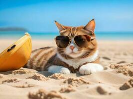 uma gato vestindo oculos de sol é sentado em a de praia ai gerar foto